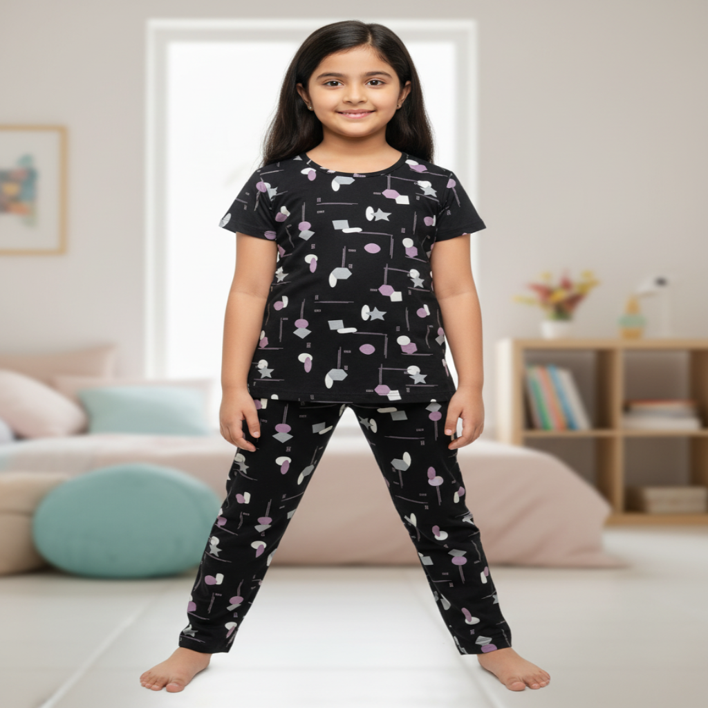 Young girl wearing a black pajama set with animal prints in a room.