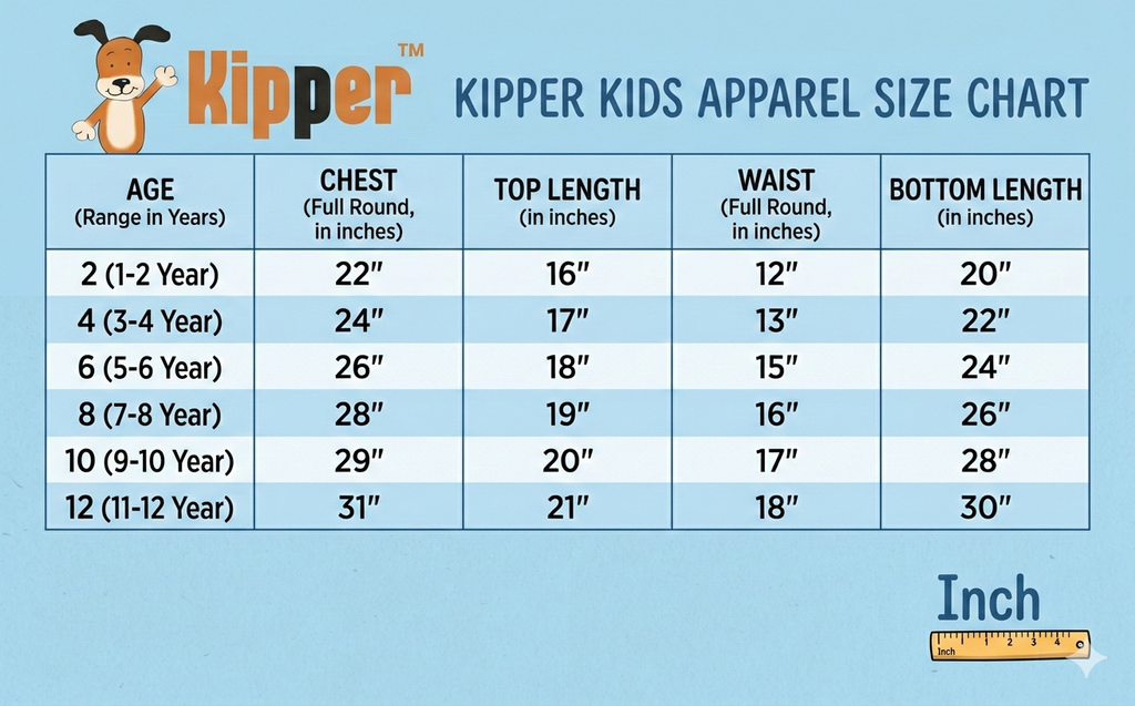 Kipper Kids Apparel Size Chart with age, chest, top length, waist, and bottom length measurements on a blue background.